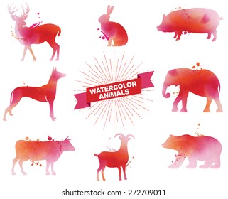 Set Of Watercolor Animals.Colorful Vector Illustration