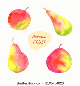 Conjunto de manzanas acuarelas y peras aisladas sobre fondo blanco. Esbozo acuarela rápido de frutas del otoño.