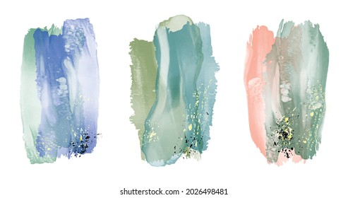 Set of watercolor art background. Minimalist design with paint brush with gold splash. Earth tone green, ivory, violet, beige watercolor Illustration for prints, wall art, cover and invitation cards.