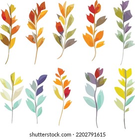 Set of watercolor autumn branches. Leaves and twigs