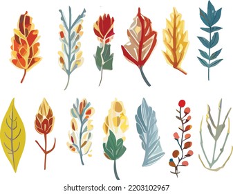 Set of watercolor autumn branches. Leaves and twigs