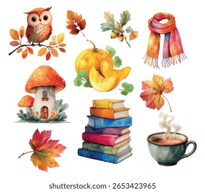 Set of watercolor autumn elements png. Cute owl, scarf, pumpkin, mushroom house, cup of tea. books and autumn leaves. Watercolor cute autumn elements. Autumn atmosphere. Vector illustration.
