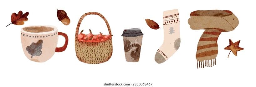 Conjunto de ilustraciones otoñales de acuarela, dibujadas a mano, vector . Hojas de otoño, bellotas, canasta con manzanas, bufanda, libro, calcetín, café. Colección de ilustraciones de otoño aisladas en blanco