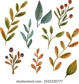 Conjunto de Folhas de outono de Aquarela. Queda. Folhagens