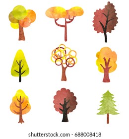 Set of watercolor autumn trees. Colorful symbols for your design. Vector illustration.