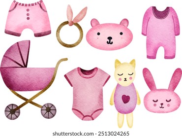Set of Watercolor Baby Nursery. Baby Girl. Baby Stuff