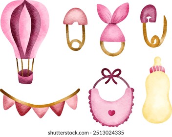 Set of Watercolor Baby Nursery. Baby Girl. Baby Stuff
