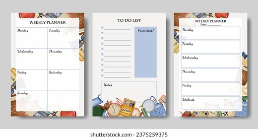 Set of Watercolor Back to School Supplies Weekly Planner Template Printable