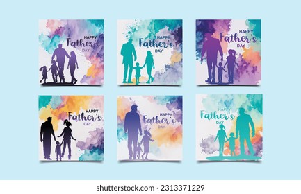 Set of Watercolor Background Happy Father's Day.Father and his daughter child girl playing outdoors.