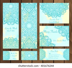 Set of watercolor background with mandalas - round doodle Indian elements. Vector template. Invitation card. Collection of ethnic cards,menu or wedding invitations with indian ornament. 