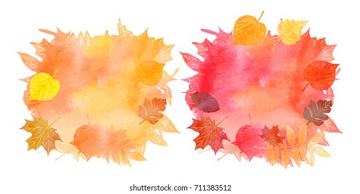 set of watercolor backgrounds of autumn leaves. Vector illustration