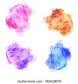 Set of Watercolor backgrounds. Creative purple, pink, blue and orange frames. Dot pattern. Spot paint. Vector illustration.