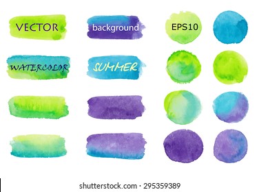 Set of watercolor backgrounds green, blue, purple. Strips for buttons, labels, accents. Stripes and circles painted by hand. 16 vector elements on a white background. Eps10. Summer Background.