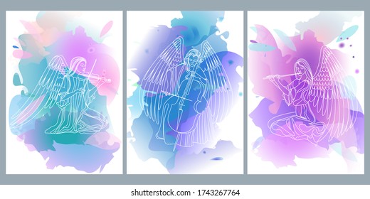 a set of watercolor backgrounds with a linear drawing of angel girls playing musical instruments. colored watercolor spots and white contour drawing. three options. stock vector illustration. EPS 10