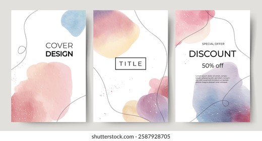 Set of watercolor backgrounds with place for text. Template. Hand drawn frames with watercolor abstract stains.
