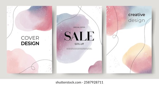 Set of watercolor backgrounds with place for text. Hand drawn abstract shapes. Modern trendy frames with watercolor stains