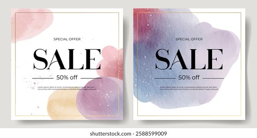 Set of watercolor backgrounds with text. Hand drawn abstract shapes template. Sale banner with watercolor stains
