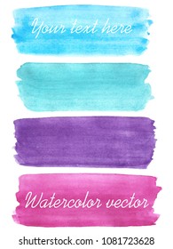 Conjunto de fondos acuáticos. Textura acuarela con trazos de pincel. Azul, turquesa, violeta, rosa. Aislado.Vector.