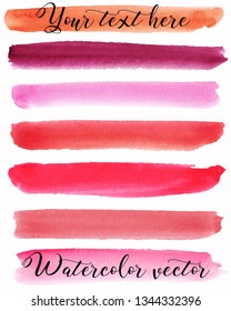 Set of watercolor backgrounds. Watercolor texture with brush strokes. Burgundy, red, pink, orange. Rainbow, stripes. Abstraction. Isolated. Vector.