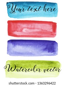 Set of watercolor backgrounds. Watercolor texture with brush strokes. Spots on a white background. Red, blue, green, purple. Ombre, gradient. Isolated. Vector.