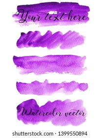 Conjunto de planos de fundo de aquarela. Textura de aquarela com traçados de pincel. Roxo, rosa, fúcsia. Brilhante. Abstração. Isolado. Vetor.