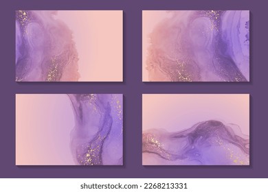 Set of watercolor backgrounds or wallpaper or poster with abstract teal purple ink waves and golden splashes.