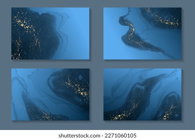 Set of watercolor backgrounds or wallpaper or poster with abstract blue ink waves and golden splashes.