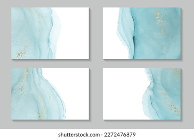 Set of watercolor backgrounds or wallpaper or poster with abstract blue ink waves and golden splashes.