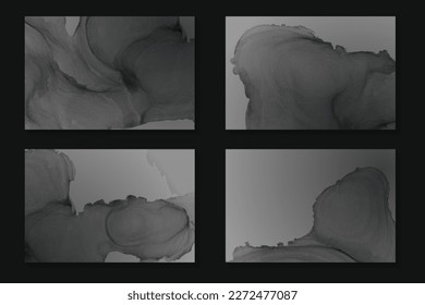 Set of watercolor backgrounds or wallpaper or poster with abstract black ink waves or stains.