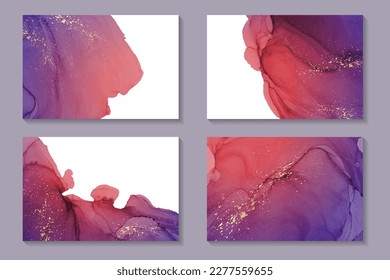 Set of watercolor backgrounds or wallpaper or poster with bright purple and red ink waves and golden splashes.