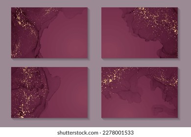 Set of watercolor backgrounds or wallpaper or poster with abstract pink ink waves and golden splashes.