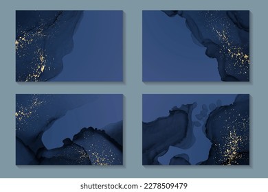 Set of watercolor backgrounds or wallpaper or poster with abstract navy blue ink waves and golden splashes.