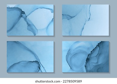Set of watercolor backgrounds or wallpaper or poster with abstract blue ink waves and stains.