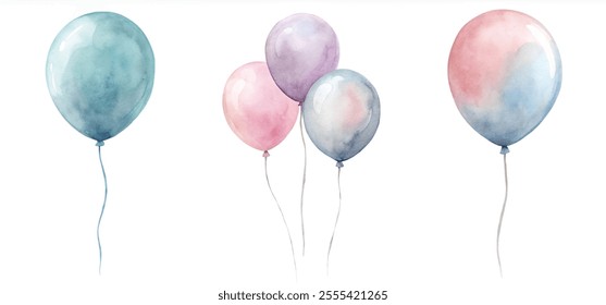 A set of watercolor balloons in various colors, including pink, blue, and purple. The balloons are arranged in a line, with one balloon slightly to the left of the others