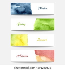 Set of watercolor banners in blue, green, yellow and orange colors. Set of backgrounds with seasons representation. Winter, spring, summer and autumn theme. Vector illustration EPS10.
