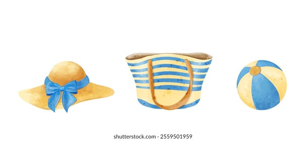 Set of watercolor beach holiday accessories. Vector women's illustrations of bag, straw hat and ball