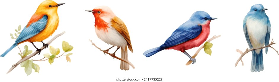 set of watercolor birds on a white background