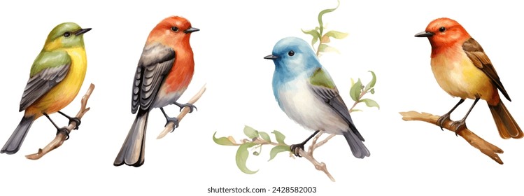 set of watercolor birds on a white background