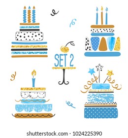 Set of watercolor Birthday cakes in blue, golden and black colors. Vector illustration.