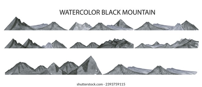 set of watercolor black mountain, hills isolated on white background