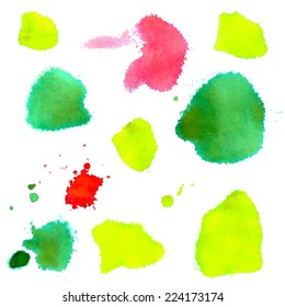 Set of watercolor blobs, isolated on white background. Vector illustration. Splashes of watercolor. Spray.