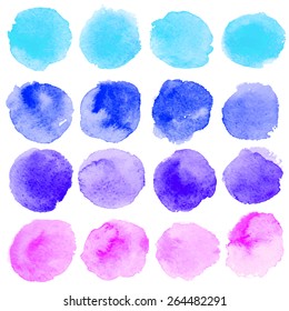Set watercolor blobs, isolated on white background. Shape design blank watercolor colored rounded shapes web buttons on white background. Vector