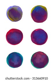 Set watercolor blobs, isolated on white background. Shape design blank watercolor colored rounded shapes web buttons on white background. Violet and blue color.