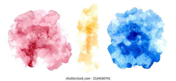 Set of watercolor blots, stains. Colorful hand drawn textures. Red, yellow, blue grunge backgrounds.