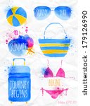 Set watercolor blue beach, travel suitcase, sunglasses, ball, bikini spot lettering trendy summer on a background of crumpled paper. 