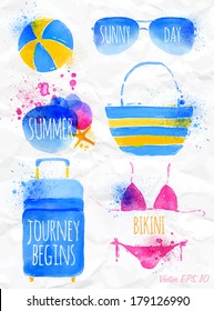 Set watercolor blue beach, travel suitcase, sunglasses, ball, bikini spot lettering trendy summer on a background of crumpled paper. 