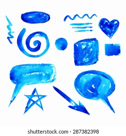 Set of watercolor blue hand-drawn design elements, vector Illustration