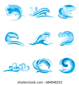 Set of watercolor blue ocean and Sea Waves isolated on white. Vector collection of water logo, swirls, nature symbols.