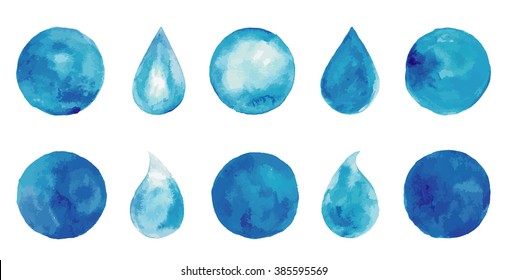 Set watercolor blue splashes  drops  spots  Indigo logo set  Hand drawn painting blobs  Texture emblem  sign label  Eco water  natural product  organic 
