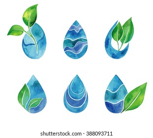 Set von Aquarellblauen Splash und Tropfen. Indigo-Logo. Handgezeichnete Malerblöcke. Texturemblem, Schilderetikett. Ökowasser, Naturprodukt, Bio.
